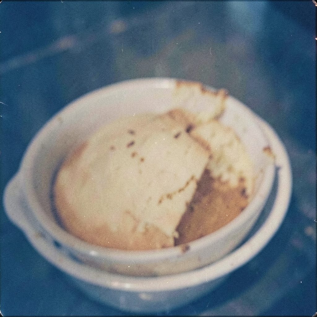 Freshly baked bread on a wooden board shot on analog film, warm golden crust tones against a dark muted background, cozy and rustic feeling